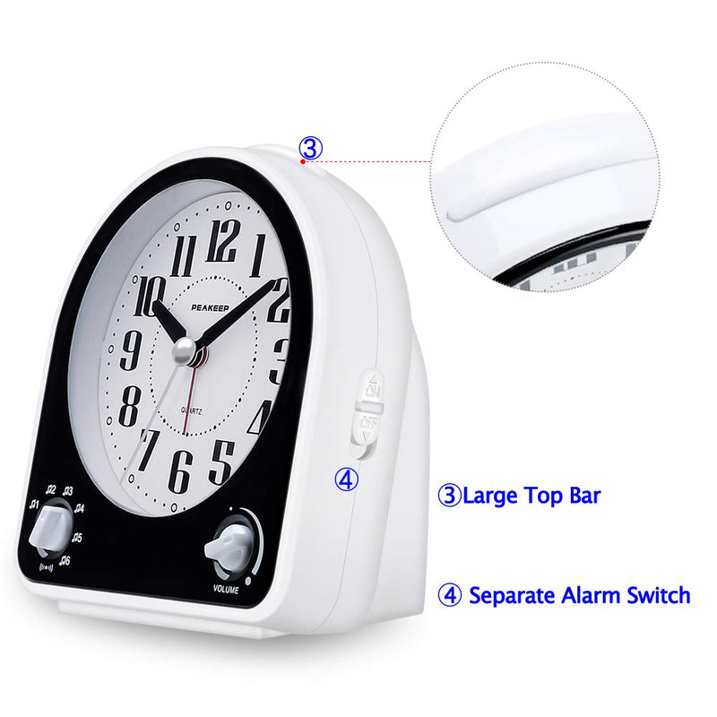 Peakeep Analog Alarm Clock Non-Ticking Silent, Optional 7 Wake-up Sounds with Volume Control, Nightlight and Snooze, AA Battery Operated (Black) Black