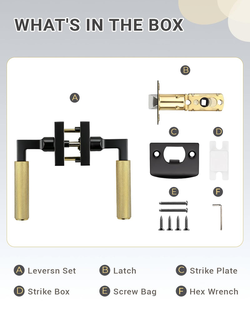 KNOBWELL 1 Pack Black and Gold Door Handle Square Doorknob with Lever Inside Passage Door Handle for Hallway Closet Pantry Square Passage