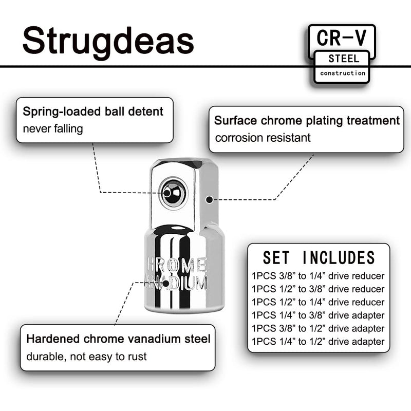 6 Piece Socket Adapter and Reducer Set, 1/4", 3/8", 1/2" Chrome Vanadium Steel Ratchet/Socket Extension/Conversion Kit for Automotive Maintenance Silver