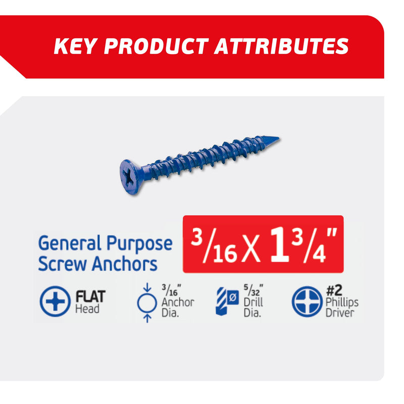 3/16 x 1-3/4" Countersunk Phillips Flat Head Blue Concrete Screw Anchors (100 pcs Screw Kit) with one Screwdriver and Drill Bit for Concrete, Masonry, Block, Brick and Wood Fastening 3/16 x 1-3/4"