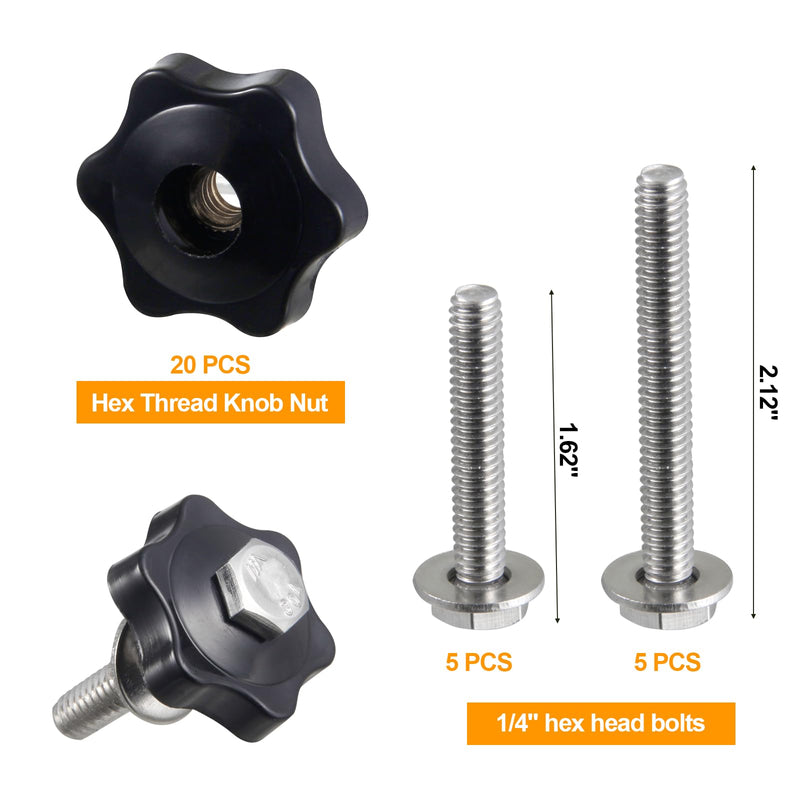1/4"-20 T Track Knob Kit, 20 Pcs Hex Thread Knob Nuts, 10 x Two Size Hex Bolts with Washers, T-Track Accessory for Woodworking Fixtures Fixing to T-Tracks Classic Bolts Nuts