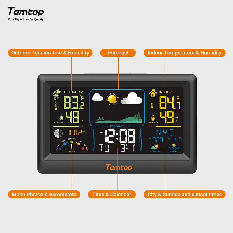Temtop Multifunctional Weather Station with Indoor/Outdoor Temperature, Humidity, Atmospheric Pressure, Weather Forecast, Moon Phase, and Alarm Features, W100 Lite