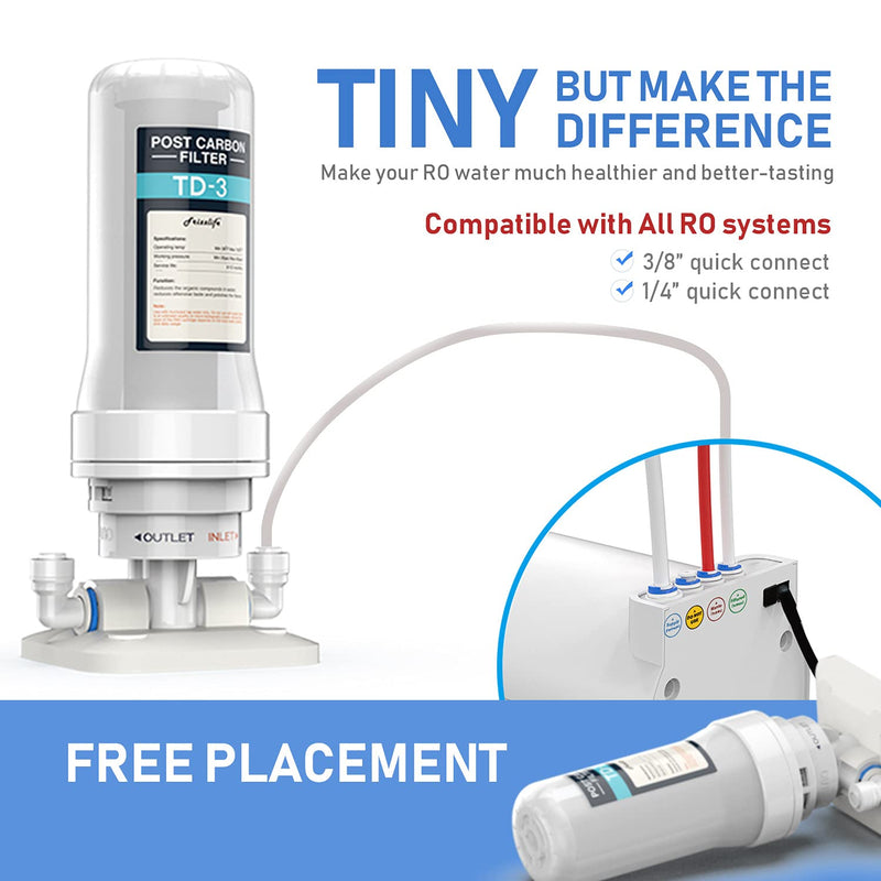 Frizzlife TD-3 Inline Water Filter, Fast Replacement Post Water Filter Removes Chlorine, VOCs & Odor, Adjust Taste, 1/4" and 3/8" Quick Connect