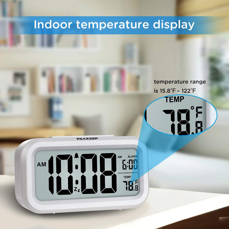 Peakeep Night Light Digital Alarm Clock Battery Operated with Indoor Temperature, Desk Small Clock (White) White