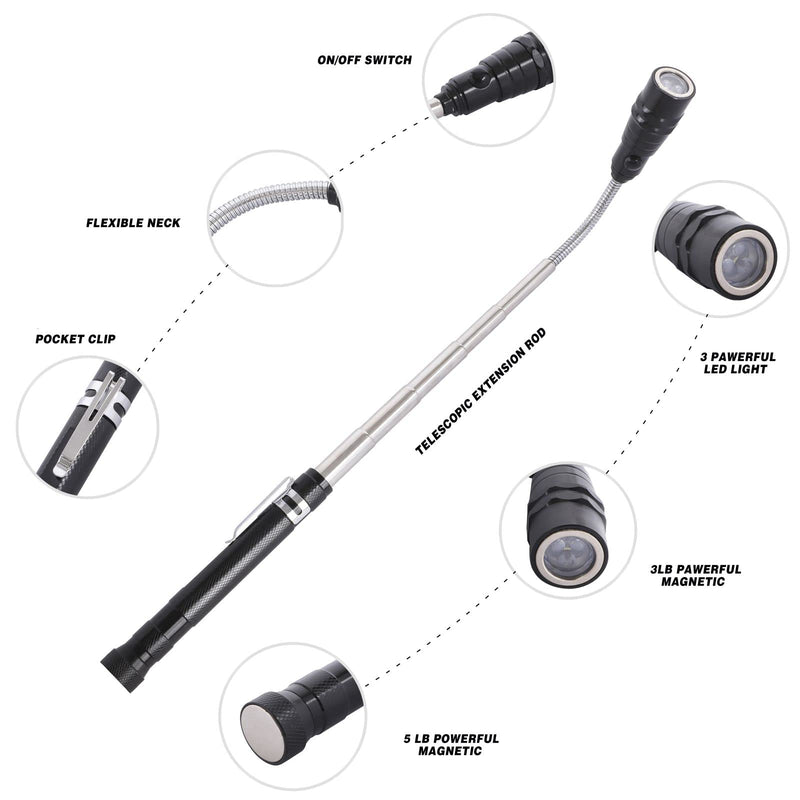 Magnetic Pick Up Kit 5pc, With 1lb And 10lb Pick Up Rod, Square 360 Swivel Adjustable Inspection Mirror And Flexible Led Flashlight, Magnetic And Telescopic