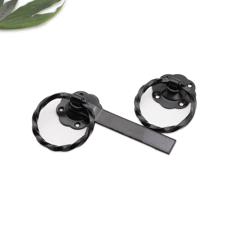 Infinity Decor 6” 150mm Heavy Duty Twisted Ring Gate Latch Lock Set in Black/Zinc Finish for Wooden Garden Gate, Sheds Door, Barn & Garage Gates (Black)