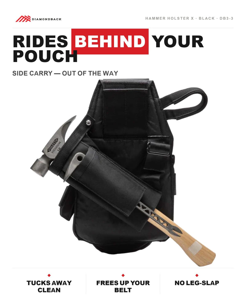 Diamondback Hammer Holster X - Hammer & Pry Bar Holder for Tool Belt | Open-bottom utility sheath with side-carry design - fits behind any size pouch - 10 x 5 x 2 in, just 0.44 lb Black Left Side