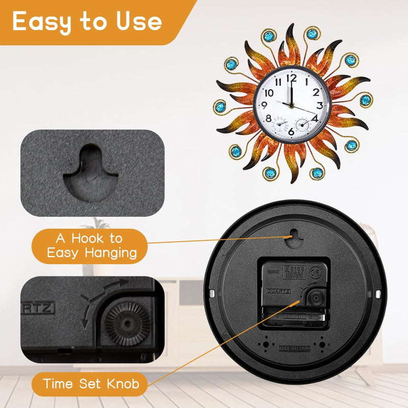Sun Outdoor Clock with Thermometer and Hygrometer Combo, Silent No-Ticking Outdoor Wall Clock, Waterproof Quartz Clock for Patio, Living Room, Kitchen, Garden, 13 Inch Orange-sun