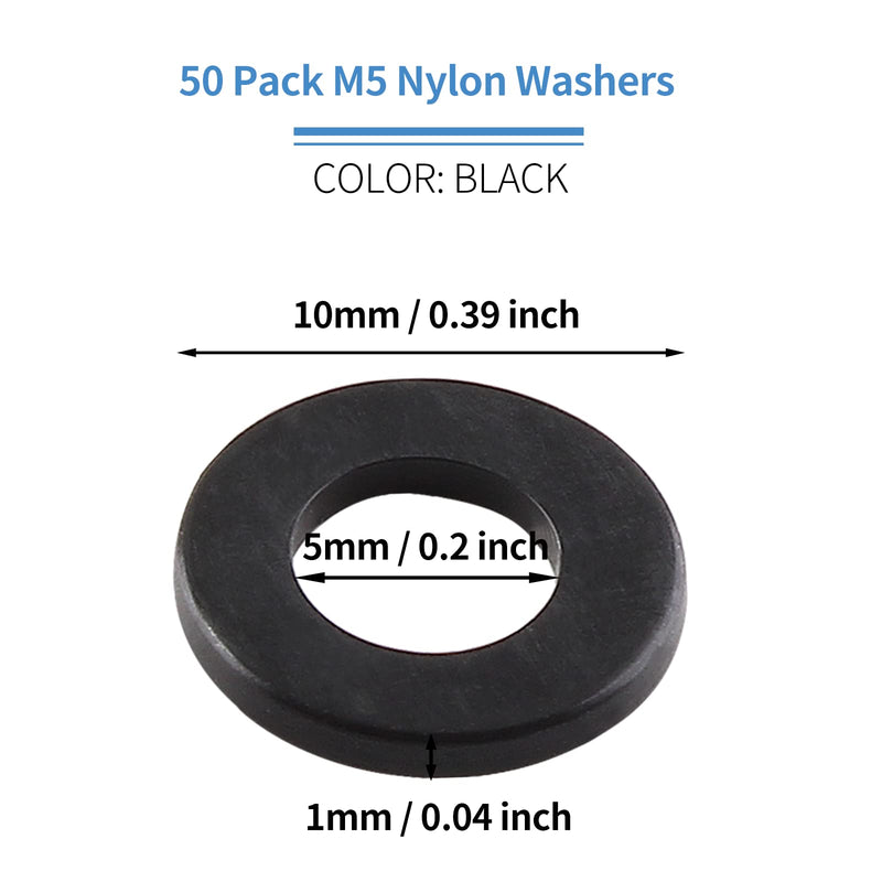 50 Pack M5 Nylon Washers Black Flat Washer, 5mm ID 10mm OD 1mm Thickness Faucet Plastic Gasket, Metric Nylon Gasket Sealing Washer Spacer Flat Hose Washer for Water Pipe Water Hose M5x10mmx1mm 50