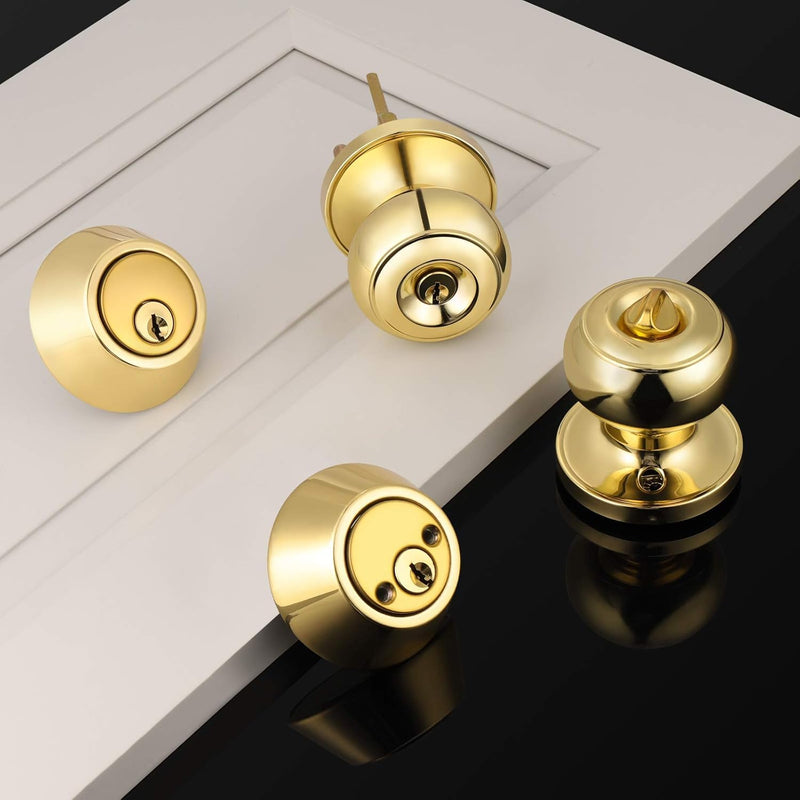 2 Pack Polished Brass Round Entry Door Knobs and Deadbolt Combination Set, Keyed Alike Double Cylinder Deadbolt Door Lock Set 2