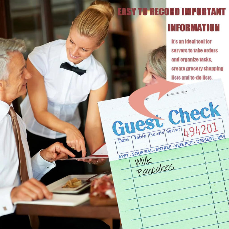 Guest Checks Server Note Pads 6 Pack 300 Orders, Green Guest Check Pads with Bottom Receipt, Waitress Notepad for Restaurant Business 6PCS