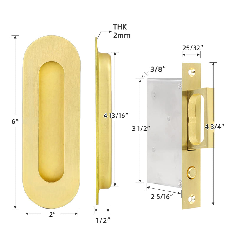 Pocket Door Handles Gold,6 inch Oval Recessed Flush Pocket Door Pull Handle,304 Stainless Steel Pocket Door Hardware, Hidden Edge Pull with Push Automatic Bounce Switch 6 Inch