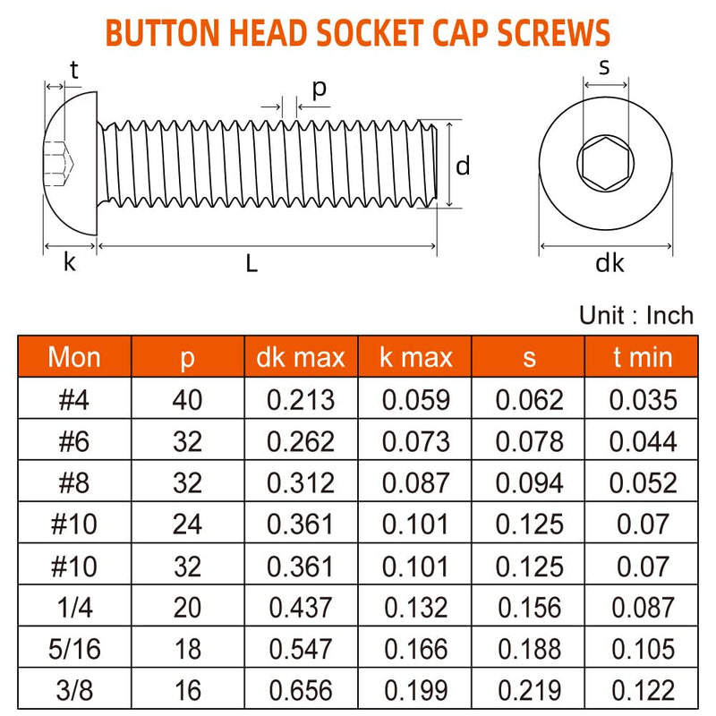 1/4-20 x 3/8" Button Head Socket Cap Screws, Allen Socket Drive, Black Oxide, Grade 10.9 Alloy Steel, Fully Threaded, 30 PCS 1/4-20 x 3/8"