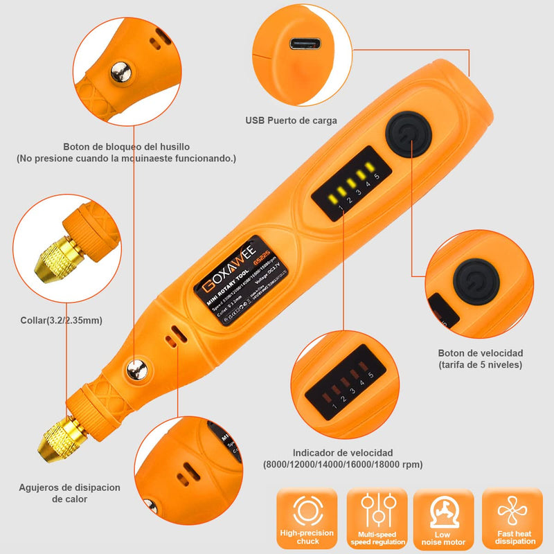 GOXAWEE Mini Cordless Rotary Tool Kit with 105pcs Accessories, USB Charging 5-Speed 18000rpm Multi-Purpose Art Craft Tool with 3.7V Li-ion Battery for Handmade Crafting and DIY Creations Yellow