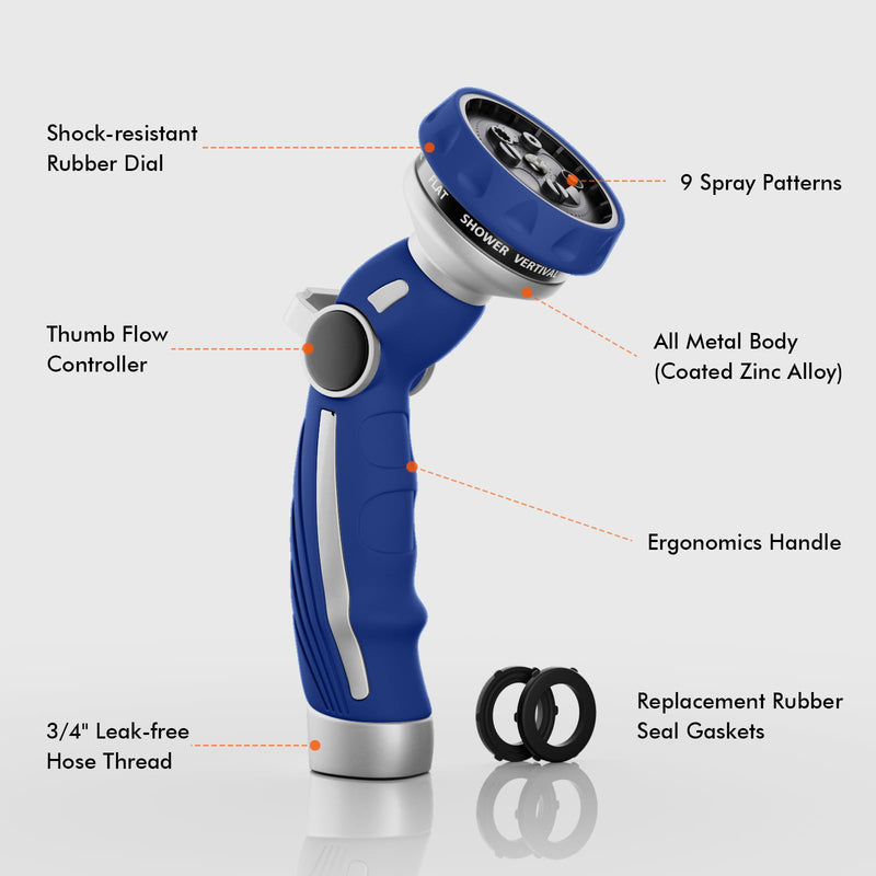 RESTMO Hose Nozzle Heavy Duty, Metal Water Hose Sprayer for Garden, 9 Spray Patterns | High Pressure | Thumb Flow Control | On/Off Valve, Ideal for Lawn & Plant Watering, Car & Pet Washing, Blue