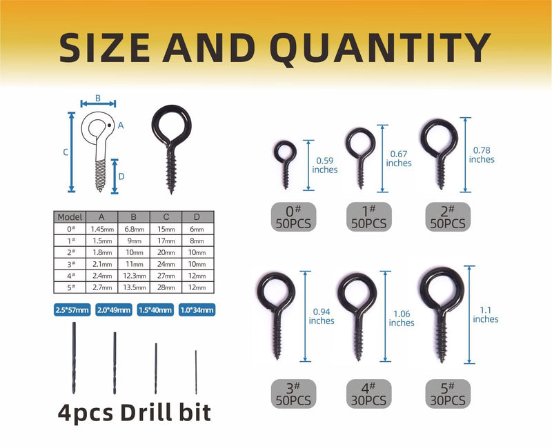 Mariyandh 240PCS Eye Hooks Screw Metal 0.67 Inches-1.1 Inches Small Eyelet Screws for Wood (0#-5#) I Hooks Black+4pcs Drill Bit(1.0,1.5,2,2.5) Black 0#-5#