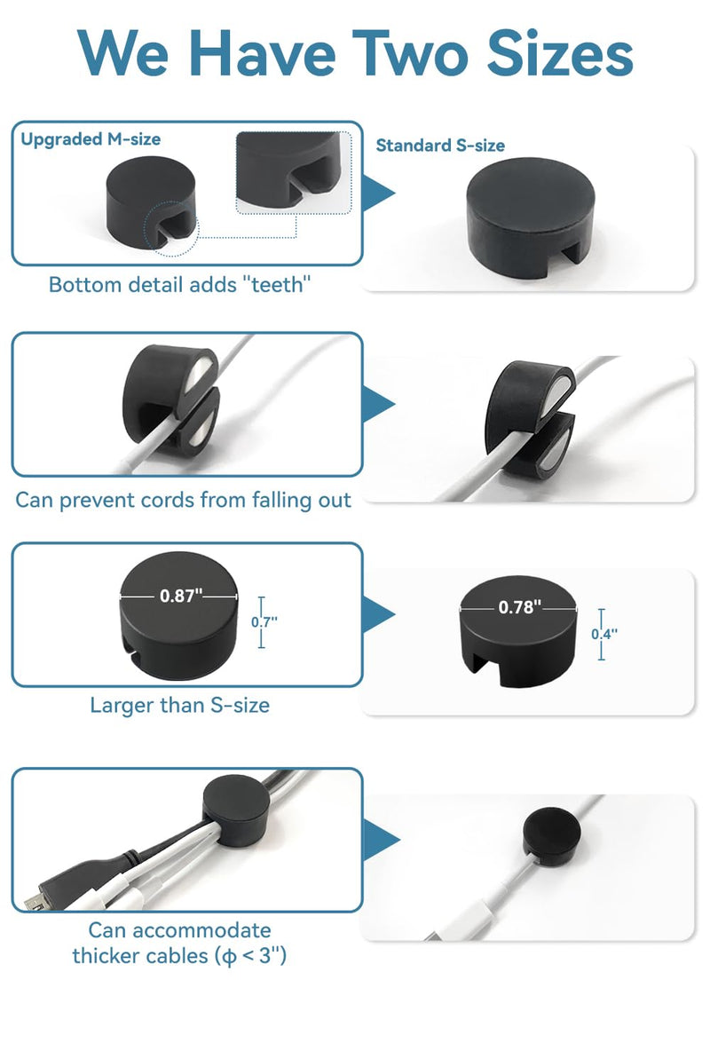 Maveek Magnetic Cord Clips Black, Silicone Cord Organizer Magnet Cable Holder Charging Cable Management Cord Keeper with Adhesive Metal Disc (5 Piece, Large Size)