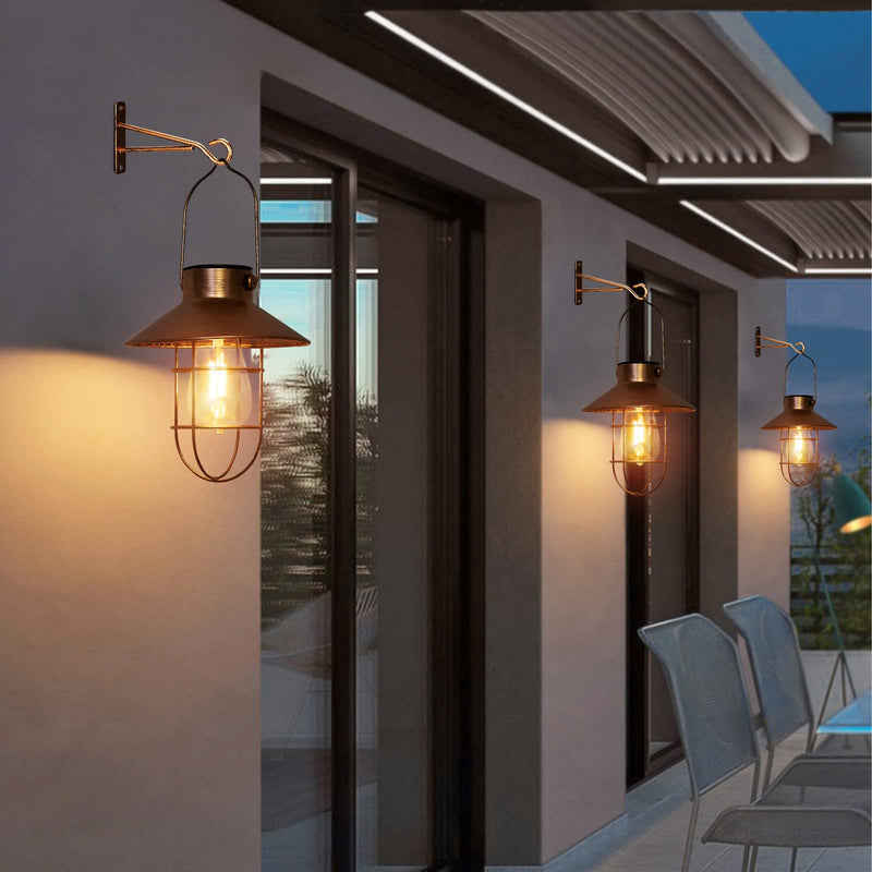 pearlstar Solar Lanterns Outdoor Metal Solar Powered Hanging Lights Waterproof for Barn Wall Yard Garden Patio Garage Balcony Porch Fence Decor, Warm White Edison Bulb (Copper-2pack) 2pack-Copper