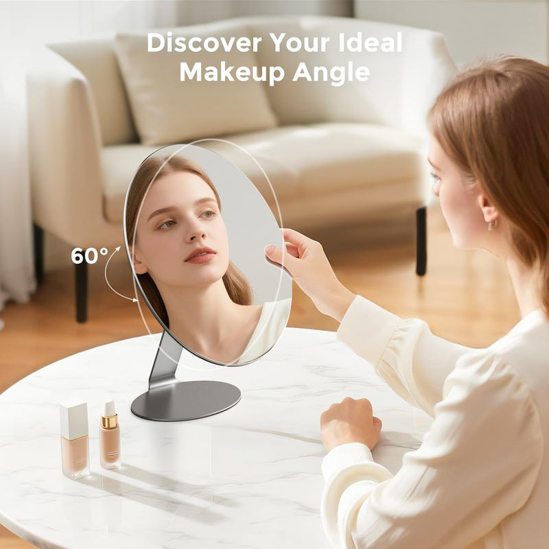 Oval Makeup Mirror for Desk, 12 Inch Frameless Metal Standing Table Top Mirror, Adjustable Angle Oval