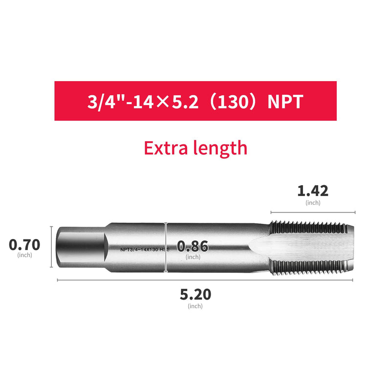Tap Pipe Extended Pipe threadtap NPT high Speed Steel (HSS) Lengthened Taper Pipe Thread Taps DRINYOUNG (Extra Length 3/4"-14×5.2 NPT) Extra Length 3/4"-14×5.2 NPT
