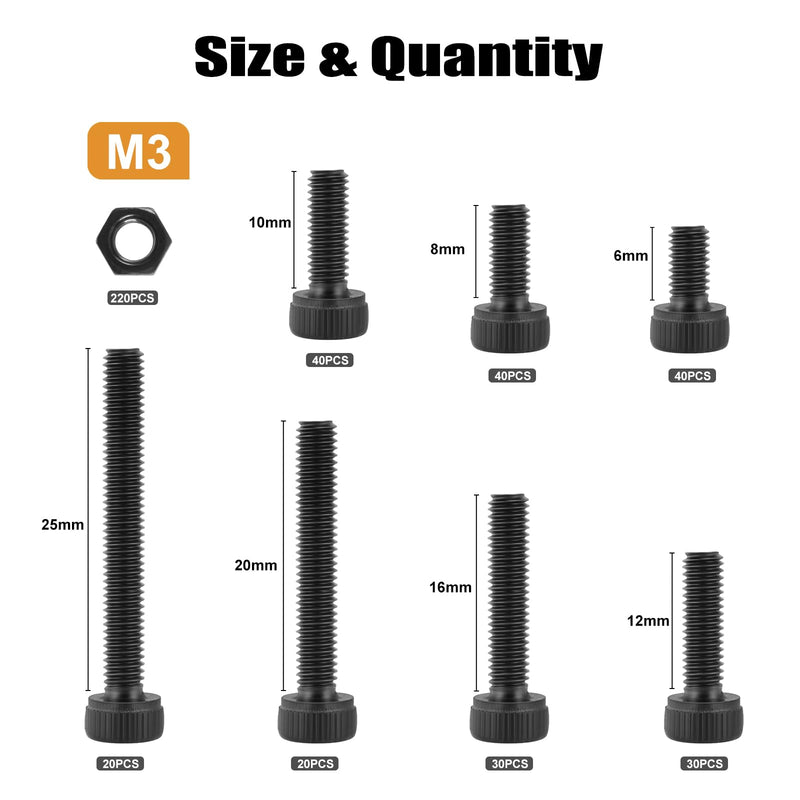 440Pcs M3 Screws Kit for 3D Printer DIY,220Pcs M3 Screw (6-25mm),220Pcs M3 Nut,Hex Socket Head Cap Small Metric Bolts Nuts Assortment,12.9 Grade Alloy Steel,Black Oxide, M3x6/8/10/12/16/20/25mm