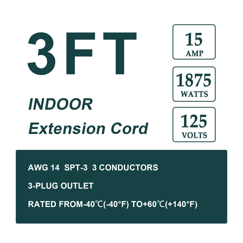 EP 3 Ft Heavy Duty Appliance Extension Cord - 14 Gauge 3 Prong SPT-3 Cable Wire, Ideal for Air Conditioners, Refrigerators, and Major Appliances - Indoor Use, Gray Grey