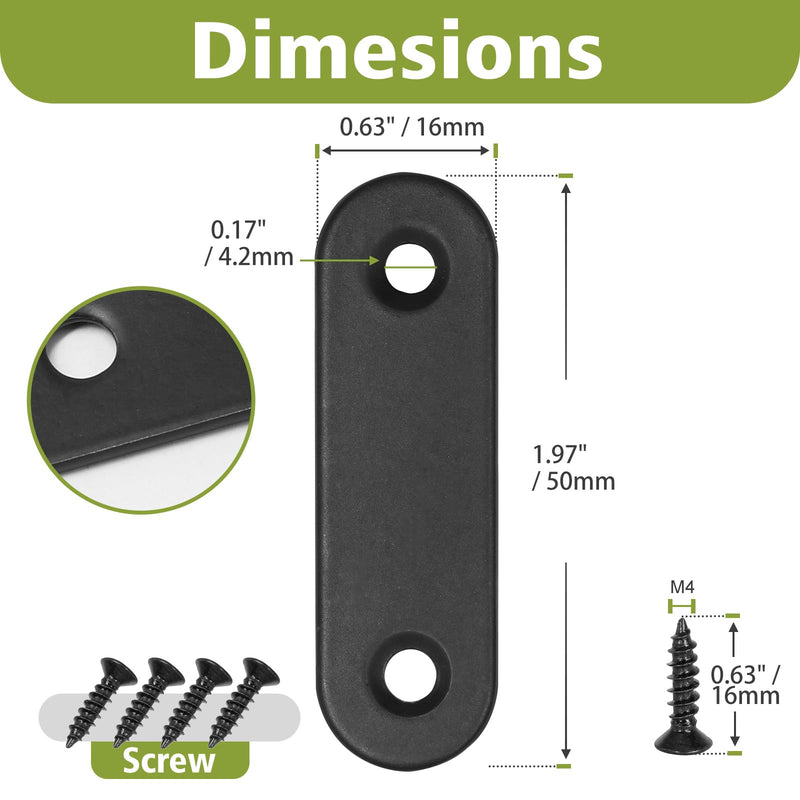32Pcs Flat Bracket, Stainless Steel Straight Brace, Metal Straight Corner Brace, Black Straight Bracket, Flat Fixing Mending Joining Plate with Screws - 50 x 16 x 2mm 32