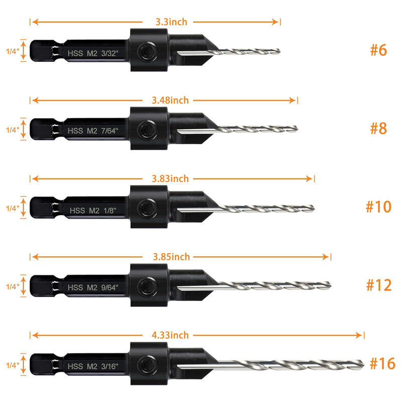 5-pc Woodworking Countersink Counterbore Drill Bit Set 3in1 for #6 8 10 12 16 Screws, M2 Pilot Drill Bits Adjustable Depth, 82-Degree Chamfer with Stop, 1/4” Hex Shank, Includes 2 Allen Wrenches 5Pack Countersink Drill Bits