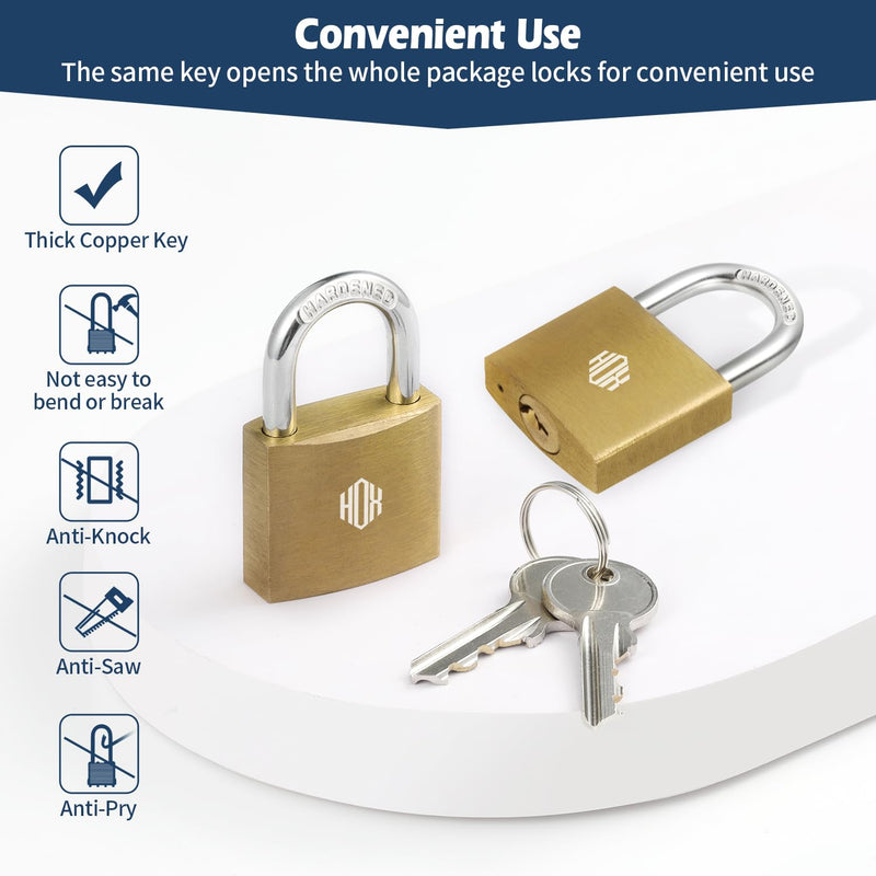 HOX 12-Pack Keyed Padlock, Waterproof and Rustproof, Solid Brass Lock with 1-1/4" Wide Body, Padlock with Keys for Storage Unit, Sheds, Garages and Fence 12Pack