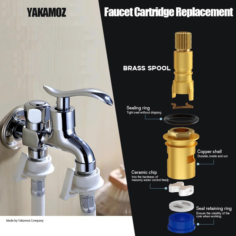 Yakamoz Brass Faucet Cartridge Replacement, 2Pcs Hot and Cold Ceramic Disc Cartridge Quarter Turn Sink Faucet Valve Stem Replacement Parts for Kitchen Bathroom Faucet Repair, G1/2" Thread Size