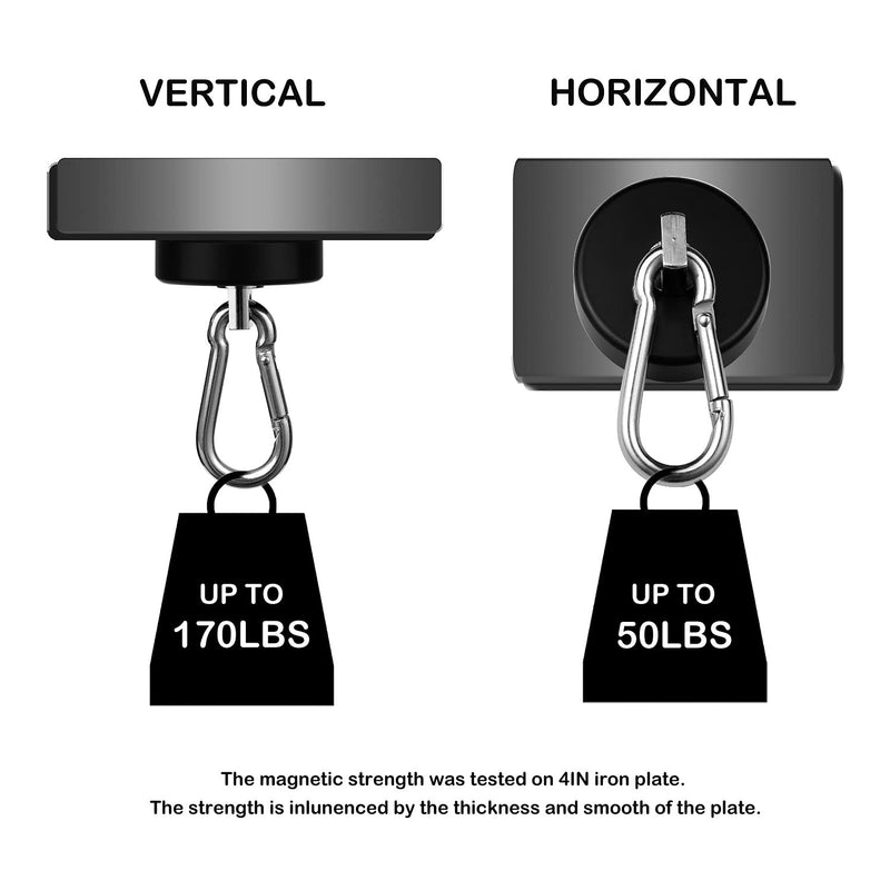 Magnetic Hooks 170lbs Heavy Duty Black Magnet Hooks with Swiveling Carabiner for Hanging Refrigerator Strong Large Neodymium Magnet (170LBS-2PACK-BLACK) 170LBS-2PACK