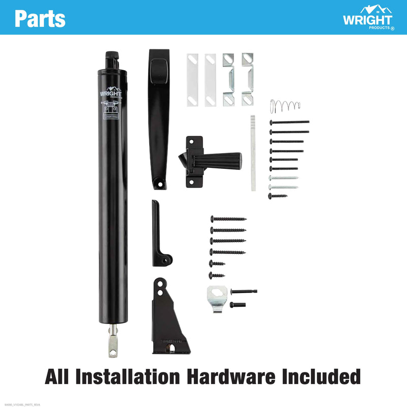 Wright Products Pneumatic Storm Door Closer & Push Button Latch Combo Kit – Adjustable, Smooth-Closing with Hold-Open Feature (Modern, Black) Modern