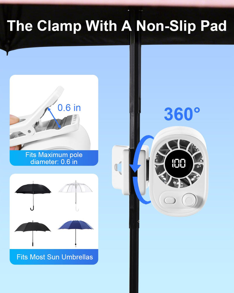 Portable Clip On Fan for Umbrella,Ultra Light 0.28 Lb,100 Wind Speed Stepless Adjustment,Personal Rechargeable Clip On Fan for Umbrella Beach Outdoor Travel Essential(White)