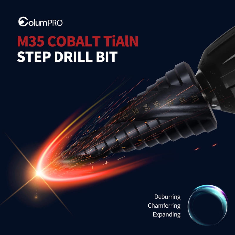 3PCS Cobalt Step Drill Bit Set for Stainless Steel & Hard Metal,M35 HSS Unibit with TiAlN Coating,Spiral Flute Design,1/8"-1/2", 1/4"-3/4", 3/16"-7/8" for Iron, Aluminum, and Alloy Drilling 3PCS-Cobalt Step Drill Bit Set (SAE)