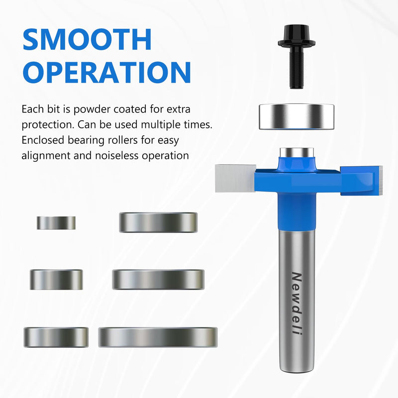 Newdeli Rabbet Router Bit Set 1/4 Inch Shank - 4Pcs Rabbeting Router Bits（1/8",1/4",3/8", 1/2" Height） with 6 Bearings Set (3/8", 1/2", 5/8", 3/4", 7/8", 1-1/8" Bearings) - Wood Biscuit Slot Cutters 4Pcs Rabbet Router Bits-6 Bearings-1/4" Shank