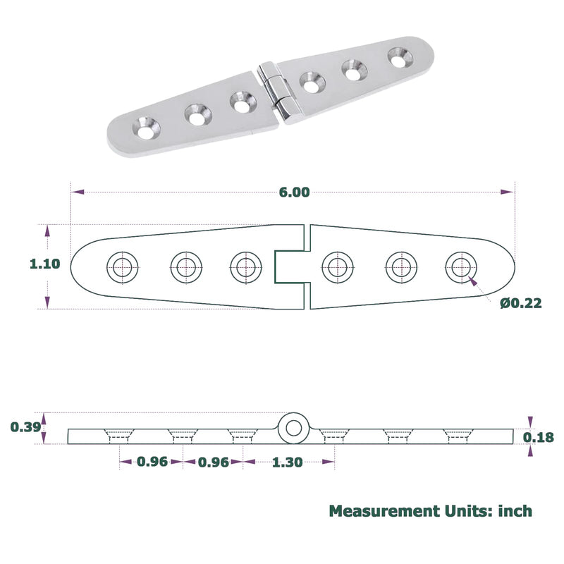 Pair of 6'' x 1" Cast Hatch Strap Deck Door Hinge 316 Stainless Steel Marine Strap Hinges Casting 6 Holes w/Fasteners for Boat Yacht RVs
