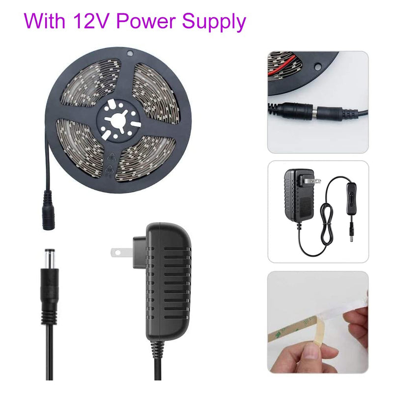 LED UV Black Light Strip Kit, Ultraviolet Waterproof IP65 16.4FT/5M 3528 300LEDs, 395nm-405nm Blacklight for DJ Bar Club Party Decor Night Fishing with 12V Power Supply 12V Waterproof