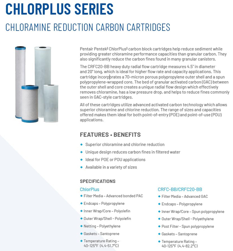 Pentair Pentek ChlorPlus Protect 10 Carbon Block Water Filter 10" Protect Pack of 1