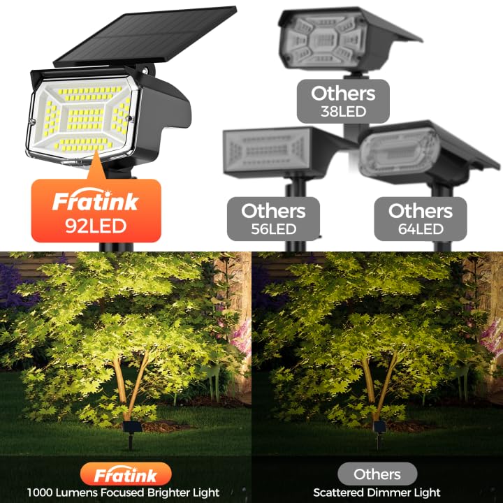Solar Spot Lights Outdoor, 92 LEDs Landscape Lighting with 3 Lighting Modes and Auto On/Off, IP67 Waterproof Spotlights, Outdoor Solar Lights for Yard Garden, 6 Pack (Cool White) Cool White