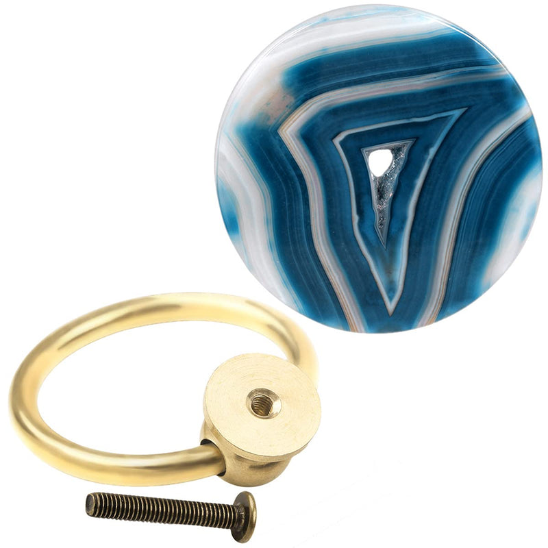 mookaitedecor 4 PCS Round Agate Slice Cabinet Knobs with Drawer Rings Pull Handle Knob for Dresser Wardrobe Cupboard Decorative Blue
