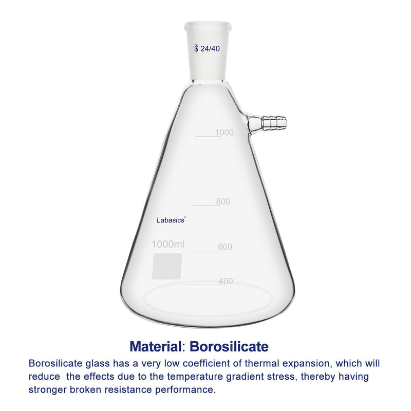 Labasics 1000 ml Filtering Flask with 24/40 Standard Taper Joint, High Borosilicate Glass Filter Flask, Bolt Neck with Tubulation, 9 mm Hose Interface
