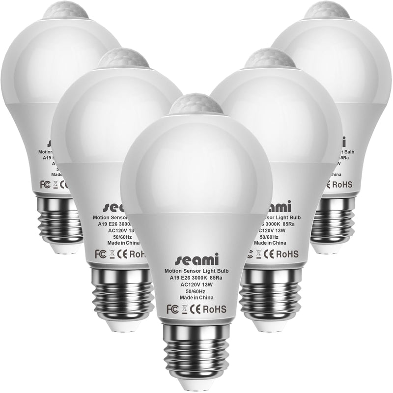 Motion Sensor Light Bulb, Indoor Motion Activation Detector Light Bulb, Dusk to Dawn Security Night Light A19 E26 13W Equivalent 100W 3000K Warm White, 5 Packs (A19PIRX301) A19PIRX301