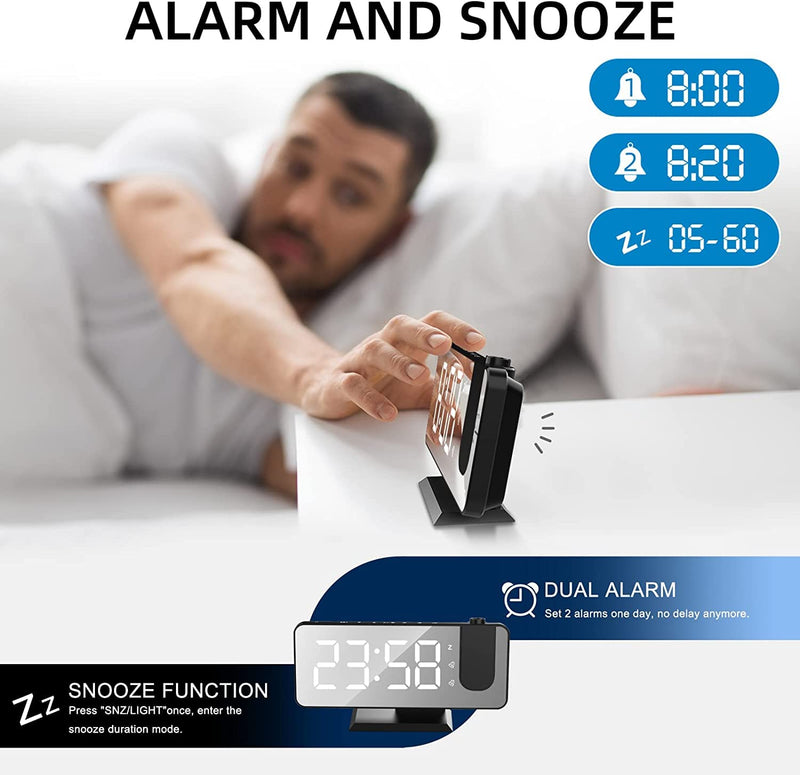 Projection Alarm Clock for Bedrooms Ceiling, Digital Clock Radio with USB Charger Port, Temperature & Humidity Display, 7.3” Large LED Display,12/24H,Snooze,Dual Loud Clock- 4 Dimmer Black