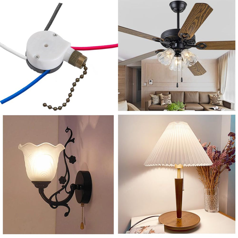 Ceiling Fan Switch Zing Ear ZE-208s E89885 with 4 Pre-Installed Wires 3 Speed 4 Wire Pull Chain Switch Fan Light Switch Replacement Part (Bronze Chain)