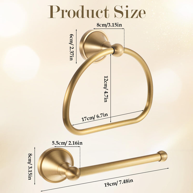 2 Pcs Brass Toilet Paper Holder Towel Ring Set, Brushed Gold Bathroom Hardware Hand Towel Holder Rustic Towels Rack Bathroom Accessories Set Wall Mount