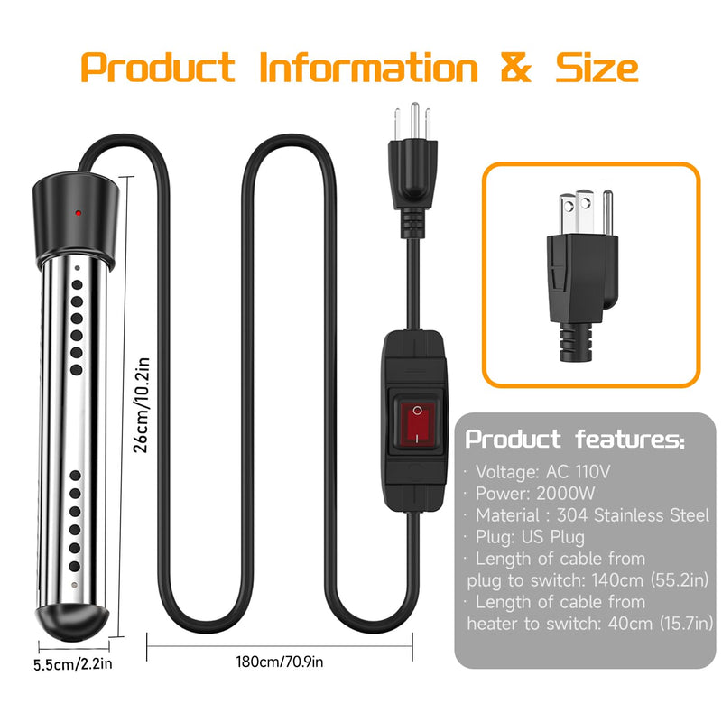2000W Immersion Water Heater Camping Water Heater with Digital LCD Thermometer 304 Stainless Steel Guard Bucket Auto Power-Off Heater Water for Pool Bathtub Barrel Pot