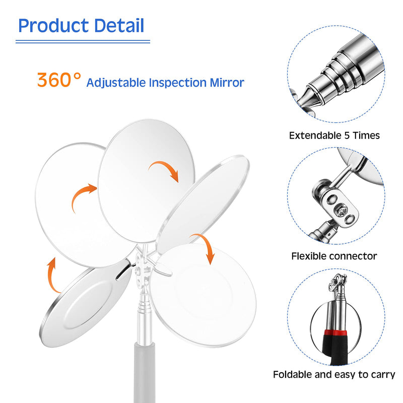 Frienda 2 Pieces Lighted Telescoping Inspection Mirror Flexible Retractable LED Automotive Extension Mirror Round Dental Mirror with Light Pickup Tools Valentine Birthday Gift for Men, Husband, Father