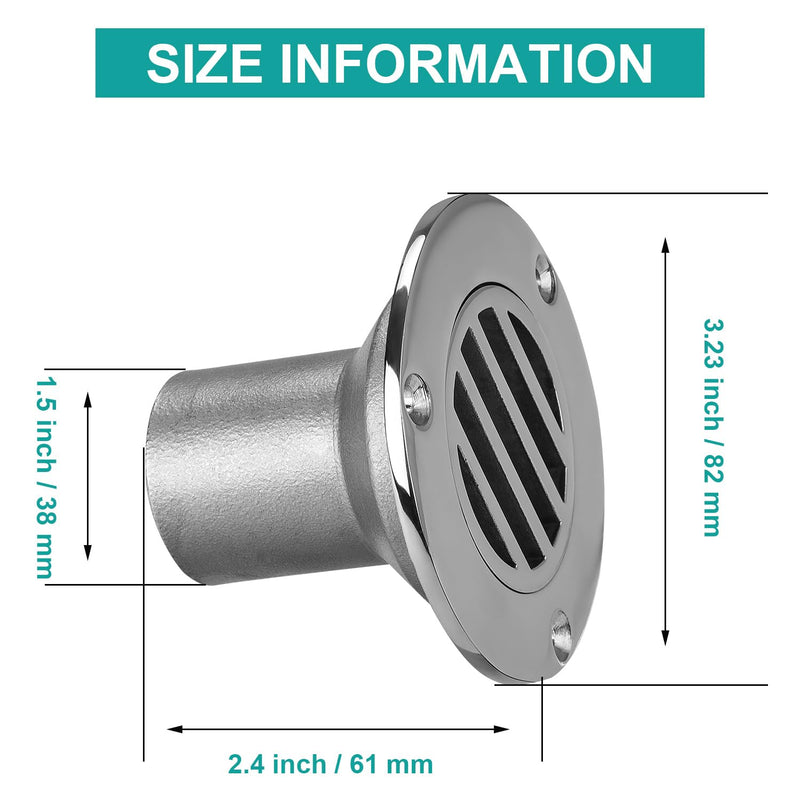 Boat Deck Floor Drain, 1-1/2 Inch Flush-Mount Marine Deck Drain, 316 Stainless Steel Drain Fitting with Screws