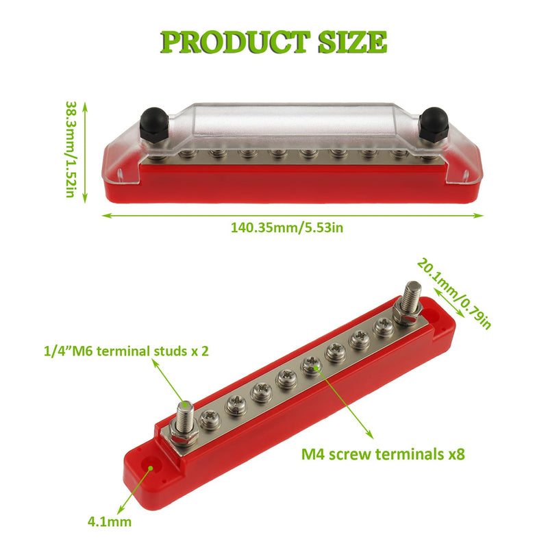 BOJACK Power Distribution Terminal with Cover 2 x 1/4"(M6) Terminal Studs, 8 x M4 Terminal Screws, Red and Black Marine Battery Bus Bar Block with Ring Terminals for Automotive Boat Solar Wiring 2*M6 Studs&8*M4 Screws-BK+R