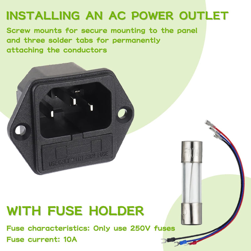 AC 250V 10A 2 in 1 Mount Inlet Module Plug Socket Power Entry Connector Male Blades with 10A Fuse and 18 AWG Extension Cable 6pcs Socket+10pcs fuse+3pcs Cable